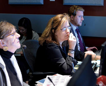 Sara Just ’88 helms the control room as PBS NewsHour executive producer.PHOTO: DAN SAGALYN FOR PBS NEWSHOUR